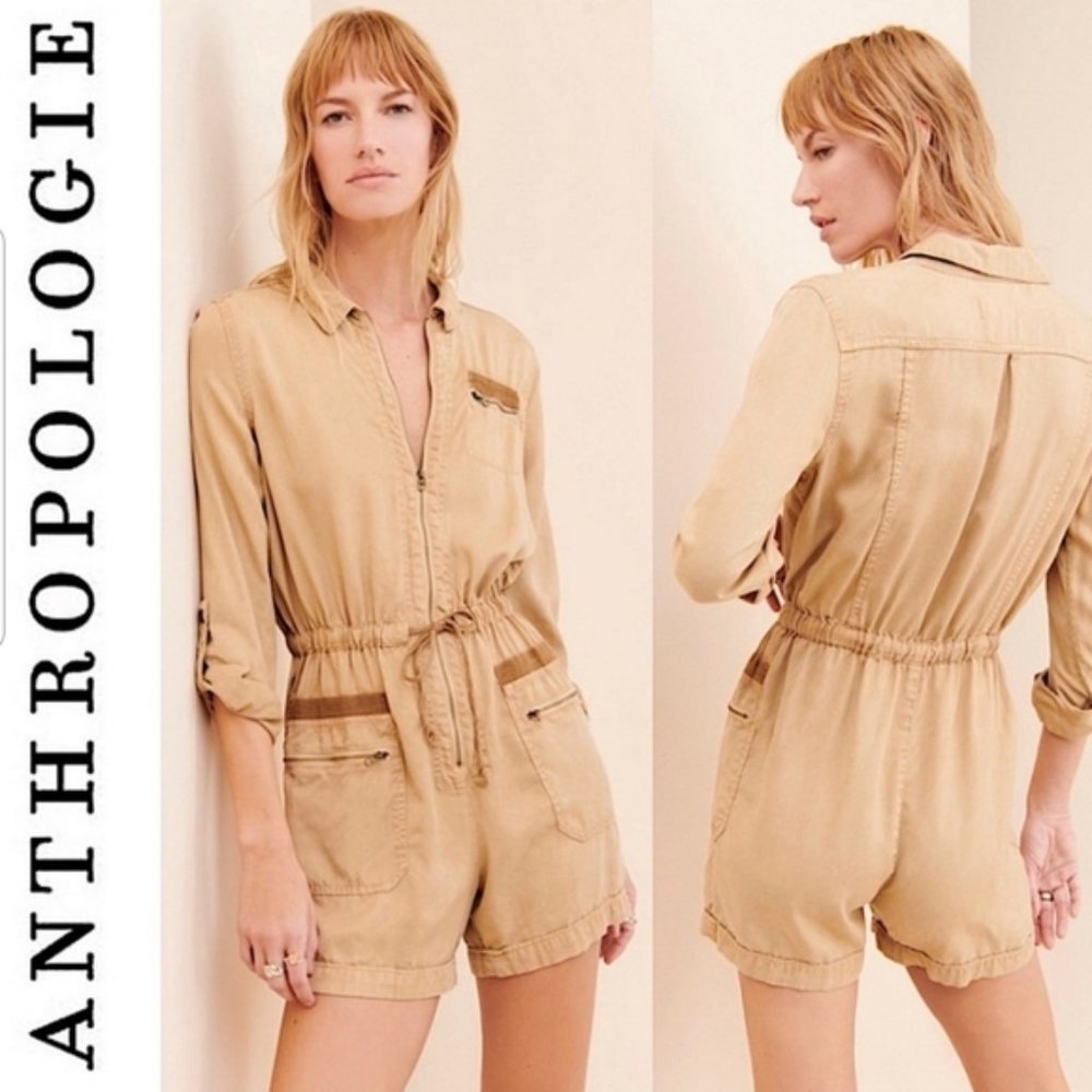 Anthropologie XS Ivy Khaki Tan Utility Long Sleeve Collared Zip Front Romper